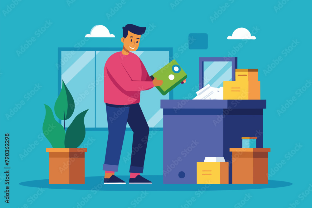 A man standing by a pile of boxes, possibly organizing or moving them, A man keeps money in a box, Simple and minimalist flat Vector Illustration A man standing by a pile of boxes, possibly organizing or moving them, A man keeps money in a box, Simple and minimalist flat Vector Illustration