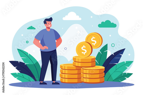 A man stands by a large pile of gold coins, contemplating his financial future, a man is looking at the future in a pile of dollar coins, Simple and minimalist flat Vector Illustration