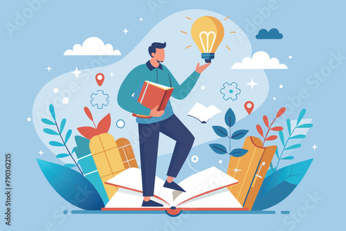 Man holding a book while looking at a light bulb, seeking inspiration, a man is looking for an idea in a book, Simple and minimalist flat Vector Illustration