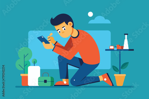 A man is kneeling down while looking at a cell phone, likely repairing it, A man is repairing a cell phone, Simple and minimalist flat Vector Illustration