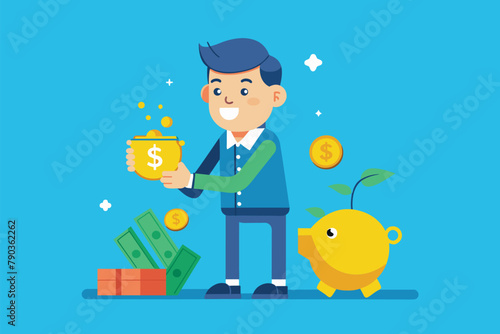 Man holding box filled with money and piggy bank, symbolizing saving and financial planning, a man is saving money, Simple and minimalist flat Vector Illustration