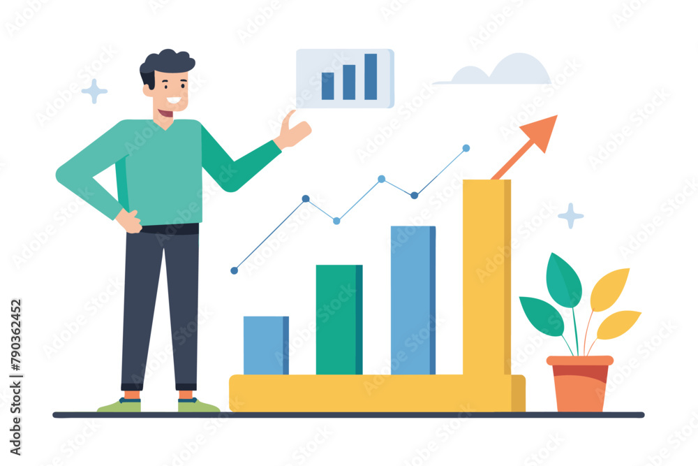 A man stands in front of a bar chart displaying growth data, A man presenting growth charts, Simple and minimalist flat Vector Illustration A man stands in front of a bar chart displaying growth data, A man presenting growth charts, Simple and minimalist flat Vector Illustration