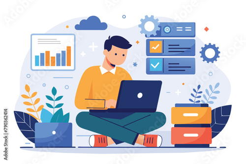 A man sitting on the floor using a laptop computer to work or browse online, a man managing data on a laptop, Simple and minimalist flat Vector Illustration