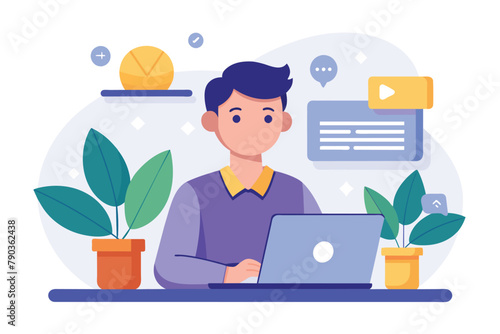 A man is seated in front of a laptop computer, engaged in an online webinar. The scene is simple and minimalist, a man online webinar, Simple and minimalist flat Vector Illustration © Iftikhar alam