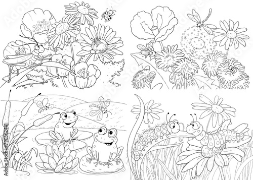 Small set of flowers and insects. Coloring page. Illustration for children. Cute and funny cartoon characters