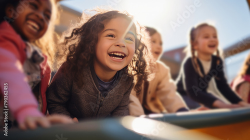 Hapy child with smile enjoys a sunny day on playground equipment, accompanied by friends. Children's Day, outdoor play and health concept. Friendship and social skills.Joyful childhood experiences photo