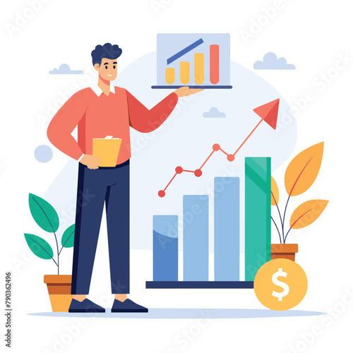 A man standing in front of a bar chart, presenting data showing upward trends in growth, A man presenting growth charts trending, Simple and minimalist flat Vector Illustration