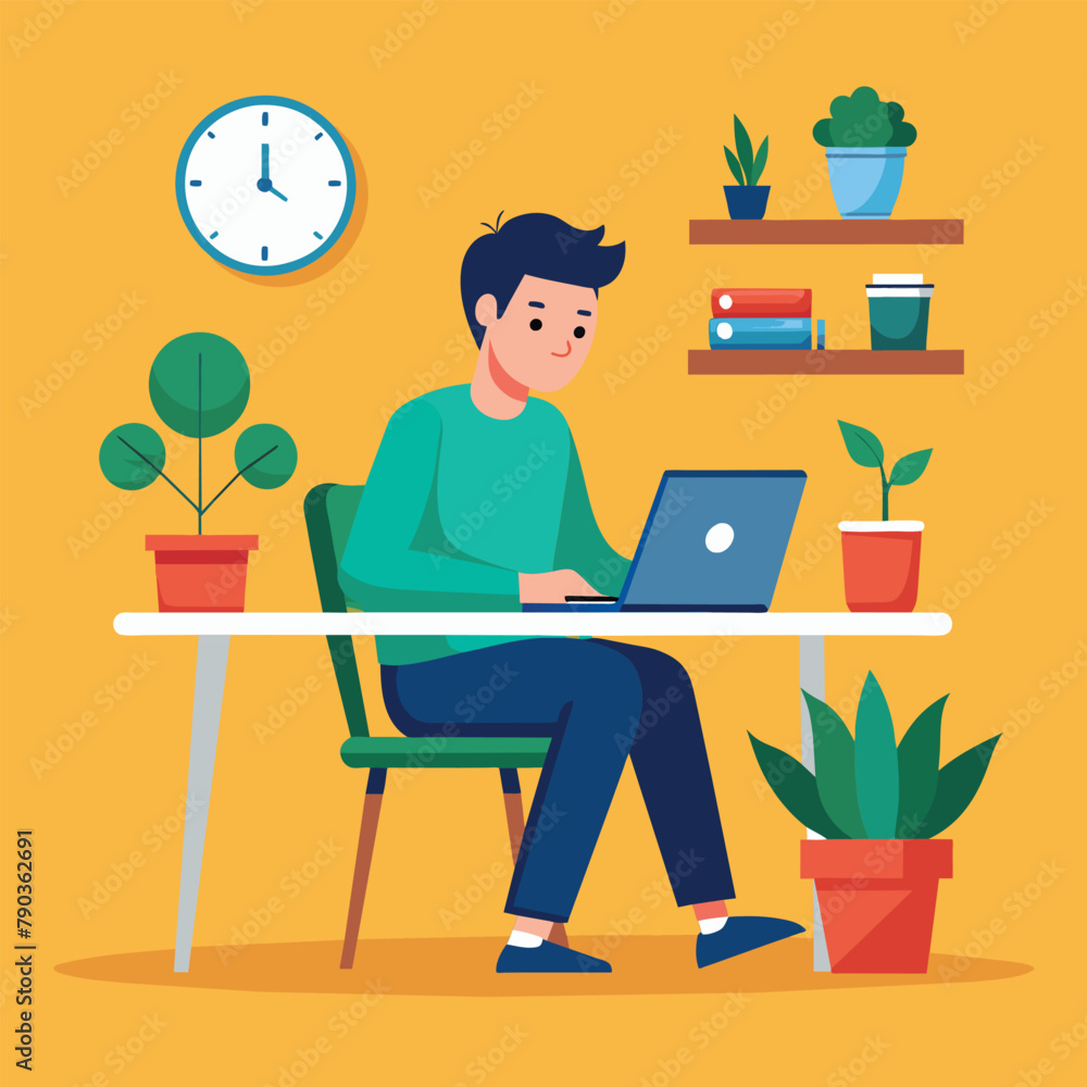 A man sits at a table, focused on his laptop screen, with a clock nearby, A man sitting at a desk with a laptop and a clock, Simple and minimalist flat Vector Illustration A man sits at a table, focused on his laptop screen, with a clock nearby, A man sitting at a desk with a laptop and a clock, Simple and minimalist flat Vector Illustration
