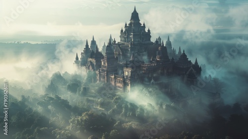 A castle-like structure is seen rising above a dense forest shrouded in fog. The sky is a mix of blue and white, with the castle appearing majestic against the backdrop. photo