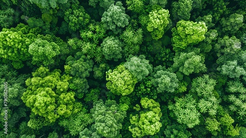 Aerial top view of green trees in forest. Drone view of dense green tree captures CO2. Green tree nature background for carbon neutrality and net zero emissions concept.