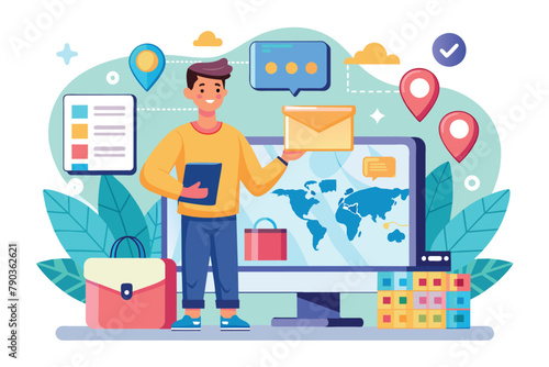 A man is shopping online from all over the world on a computer screen, A man shopping online from all over the world on computer screen, Simple and minimalist flat Vector Illustration