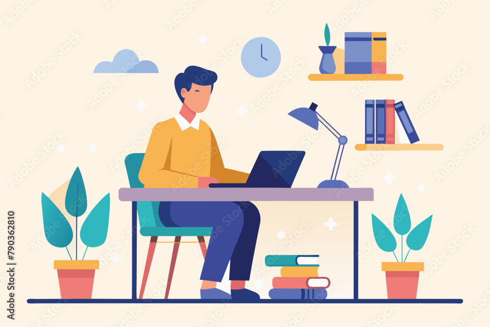 A man focused on his work, typing on a laptop while sitting at a desk, A man studying at a study table, Simple and minimalist flat Vector Illustration
