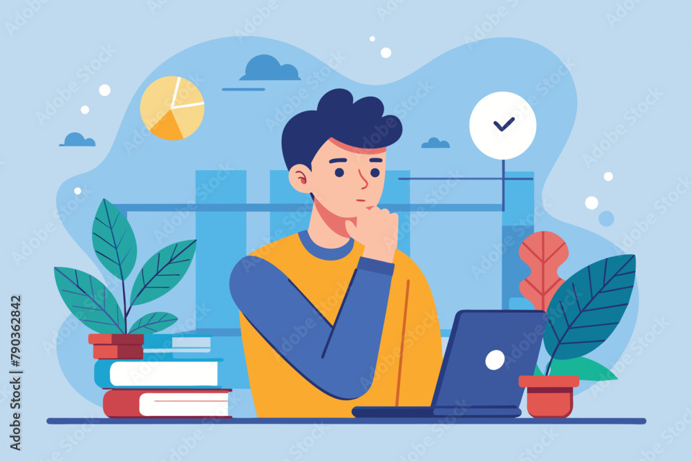 A man sits in front of a laptop, focused on his task, a man thinking about doing a task, Simple and minimalist flat Vector Illustration A man sits in front of a laptop, focused on his task, a man thinking about doing a task, Simple and minimalist flat Vector Illustration