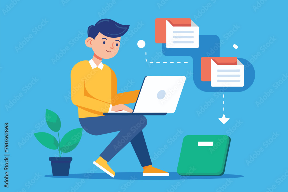 A man sitting on a chair, using a laptop to transfer files, A man transfer file via laptop, Simple and minimalist flat Vector Illustration A man sitting on a chair, using a laptop to transfer files, A man transfer file via laptop, Simple and minimalist flat Vector Illustration