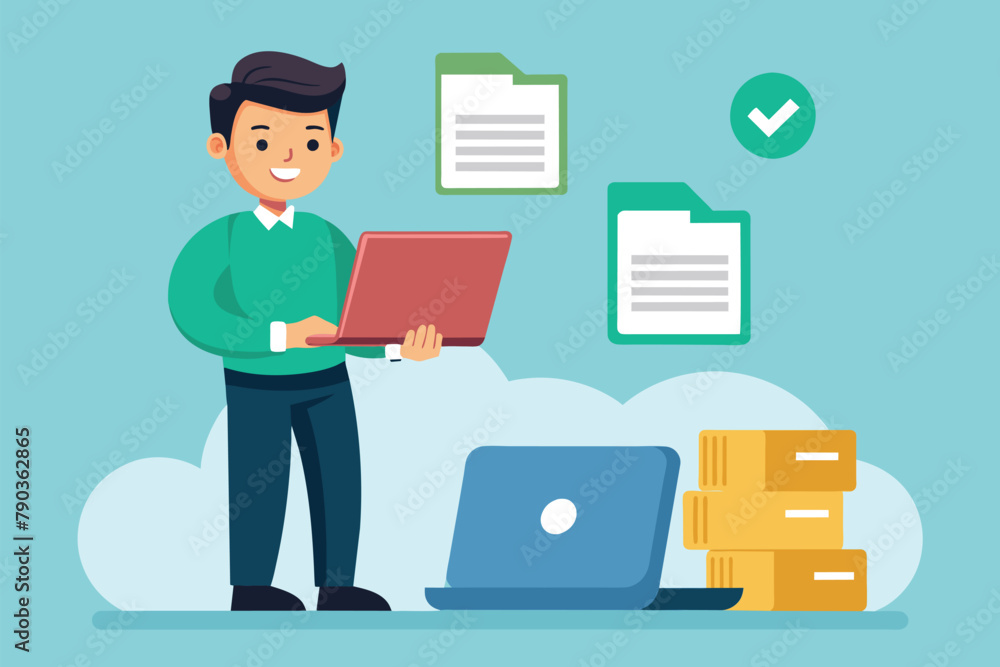 A man standing on a cloud, working on a laptop, transferring files, A man transfer file via laptop, Simple and minimalist flat Vector Illustration A man standing on a cloud, working on a laptop, transferring files, A man transfer file via laptop, Simple and minimalist flat Vector Illustration