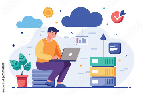A man sitting on a pile of books, typing on a laptop computer, A man transfers laptop data to cloud storage hosting, Simple and minimalist flat Vector Illustration