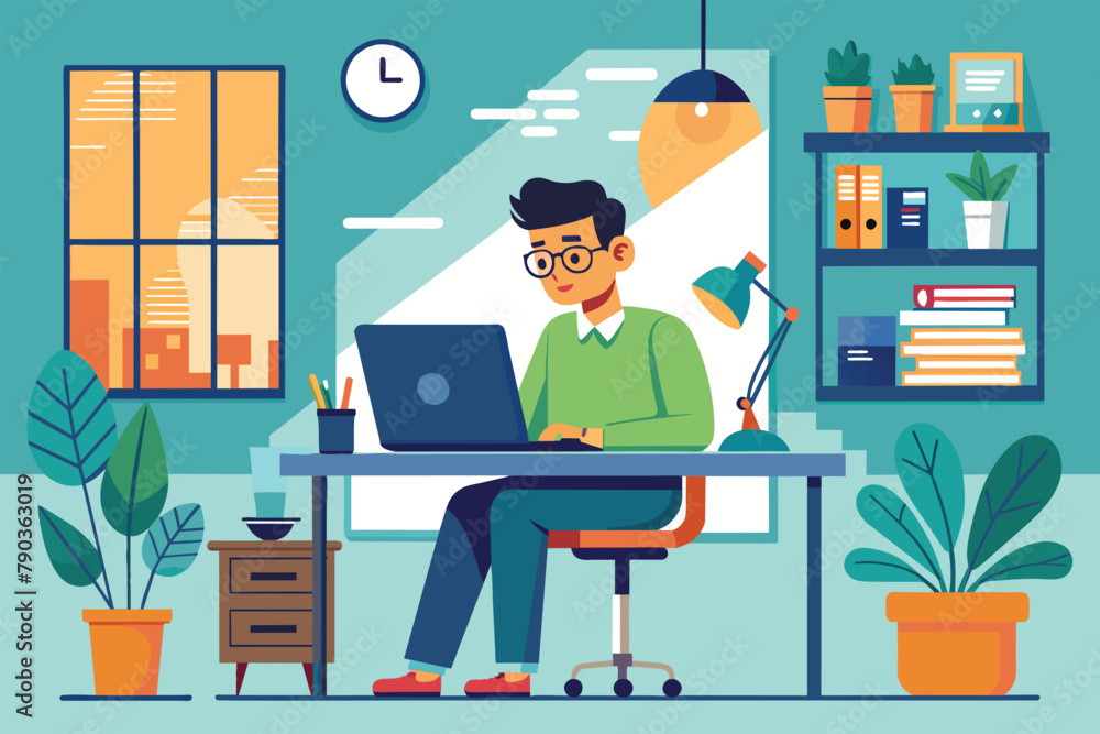 A man focused on his work, sitting at a desk and typing on a laptop in a simple office setting, a man working in an office, Simple and minimalist flat Vector Illustration