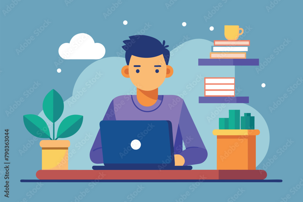 A man is seated at a desk focused on his laptop screen, a man works in front of a laptop, Simple and minimalist flat Vector Illustration A man is seated at a desk focused on his laptop screen, a man works in front of a laptop, Simple and minimalist flat Vector Illustration