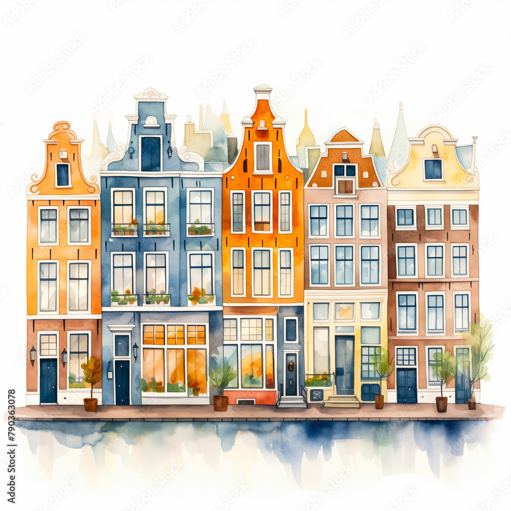 Obraz premium Minimal watercolour of Amsterdam, facades front view, tranquil surfaces, watercolor card