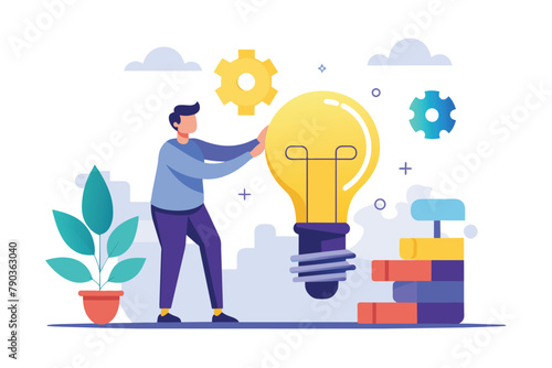A man standing next to a illuminated light bulb, brainstorming ideas for a puzzle, A man working with puzzle bulb idea, Simple and minimalist flat Vector Illustration