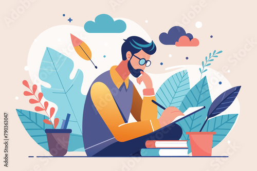 A man seated on a table, focused on writing in a notebook, a man writing his thoughts in a book, Simple and minimalist flat Vector Illustration