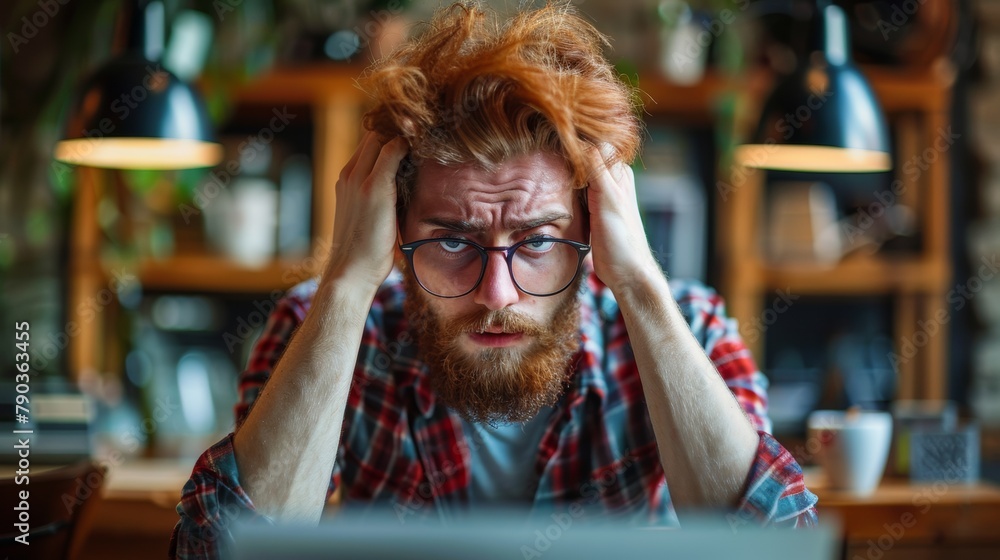 A man with red hair sitting at a table in front of laptop, AI A man with red hair sitting at a table in front of laptop, AI