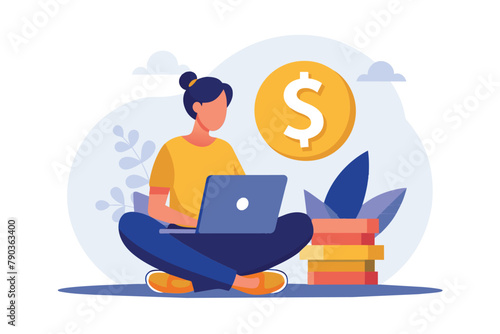 Woman Sitting With Laptop and Books, a person sitting on a laptop with a dollar sign, Simple and minimalist flat Vector Illustration