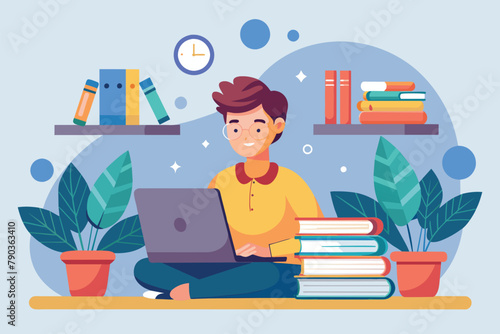 A man seated on a table, using a laptop with a stack of books beside him, A person studying with a laptop and a stack of books, Simple and minimalist flat Vector Illustration