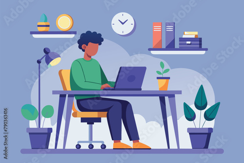 A person focusing on a work project while sitting at a desk with a laptop, A person works on a work project at a desk using a computer, Simple and minimalist flat Vector Illustration