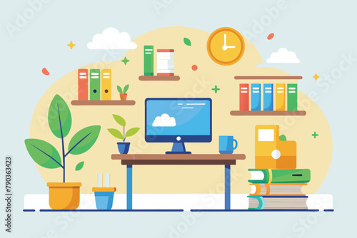 A desktop computer placed on top of a desk, a place to learn, Simple and minimalist flat Vector Illustration