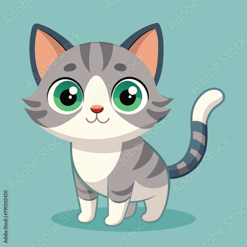 A gray and white cat with green eyes looks curiously at the camera, A playful kitten with big, round eyes and a tiny nose, Simple and minimalist flat Vector Illustration