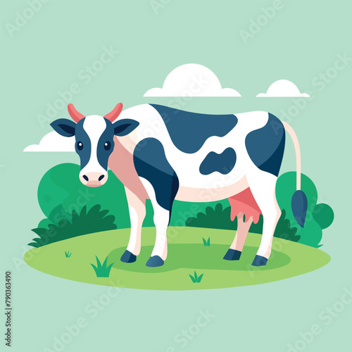 Black and White Cow on Green Field, A serene dairy cow grazing in a peaceful meadow, with a soft, dreamy color palette, Simple and minimalist flat Vector Illustration