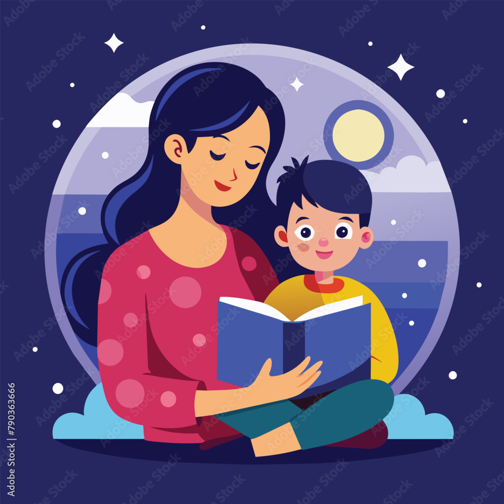 A mother reading a bedtime story to her child in a heartwarming moment, A sweet drawing of a mother reading a bedtime story to her child, Simple and minimalist flat Vector Illustration A mother reading a bedtime story to her child in a heartwarming moment, A sweet drawing of a mother reading a bedtime story to her child, Simple and minimalist flat Vector Illustration