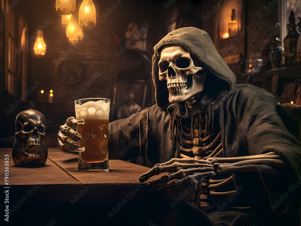 scary halloween skeleton, Boos and Brews: A Scary Halloween Skeleton Sipping Skull Beer in a Haunted Pub scary halloween skeleton, Boos and Brews: A Scary Halloween Skeleton Sipping Skull Beer in a Haunted Pub