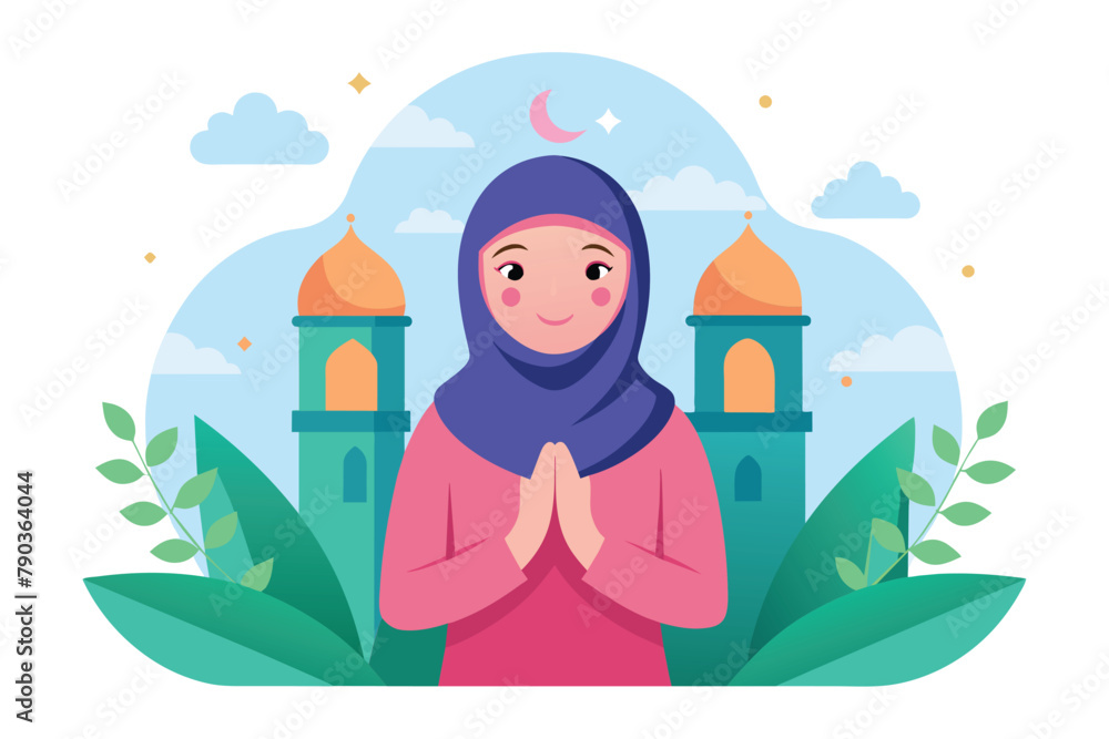 A woman in a hijab stands in front of a mosque, possibly greeting Eid Mubarak, A woman greeting eid mubarak background, Simple and minimalist flat Vector Illustration A woman in a hijab stands in front of a mosque, possibly greeting Eid Mubarak, A woman greeting eid mubarak background, Simple and minimalist flat Vector Illustration