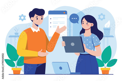 A man and woman stand side by side in front of a laptop, engaged in discussion or collaboration, a woman explaining her work to a man, Simple and minimalist flat Vector Illustration