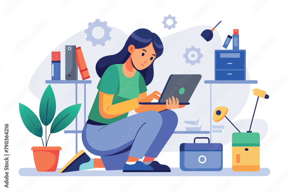 Fototapeta premium A woman seated on the ground, engaged in work on a laptop computer, A woman is checking a device for repairs, Simple and minimalist flat Vector Illustration