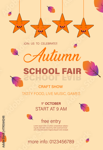 Autumn school fair celebration concept, flat style vertical poster template design with falling leaves and stars vector illustration.