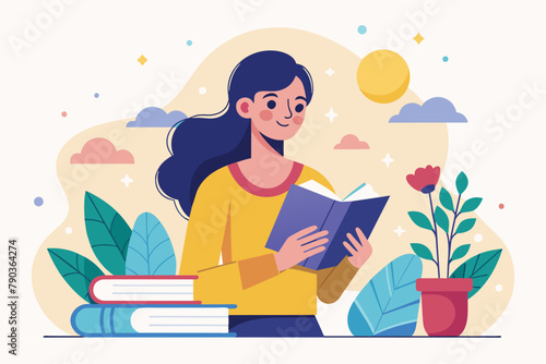 A woman is sitting next to a potted plant, reading a book and searching to gain new knowledge, a woman is reading and searching to gain new knowledge, Simple and minimalist flat Vector Illustration