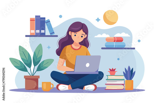 A woman sitting on the floor engaged with a laptop, working or studying online during her free time, A woman is studying online during free time, Simple and minimalist flat Vector Illustration