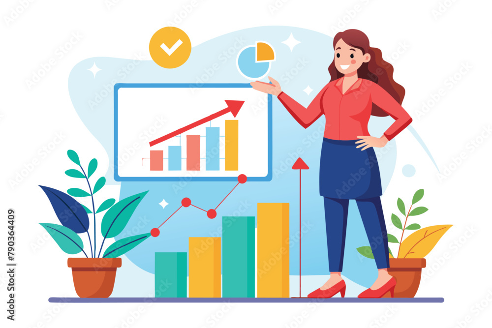 A woman presenting a business growth chart on a board during a meeting, A woman presents a business growth charts metaphor, Simple and minimalist flat Vector Illustration A woman presenting a business growth chart on a board during a meeting, A woman presents a business growth charts metaphor, Simple and minimalist flat Vector Illustration