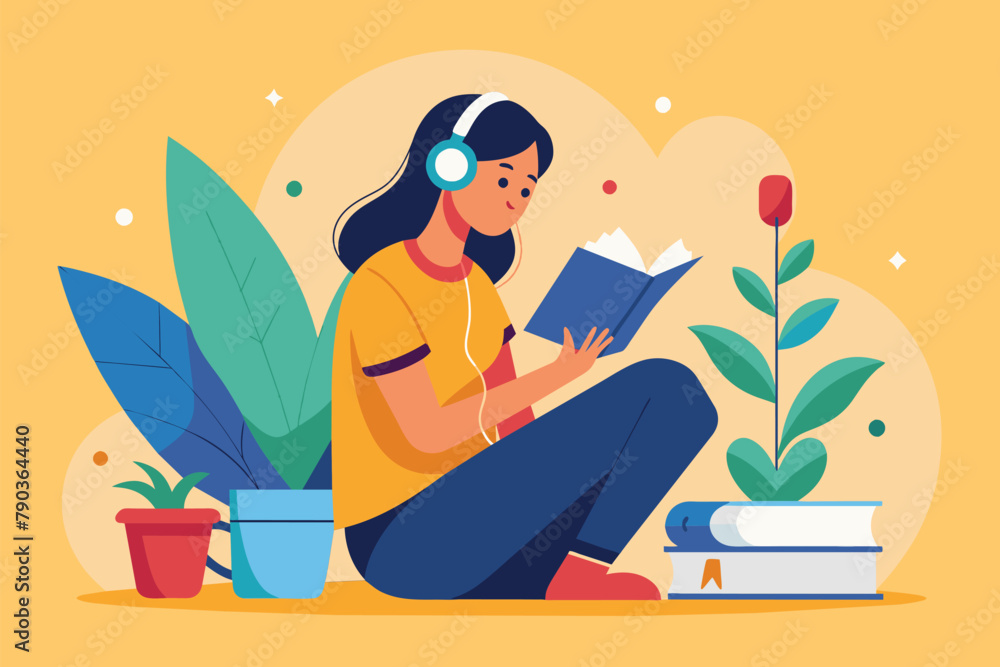 A woman seated on the floor absorbed in reading a book, a woman reading a book listening to music, Simple and minimalist flat Vector Illustration A woman seated on the floor absorbed in reading a book, a woman reading a book listening to music, Simple and minimalist flat Vector Illustration