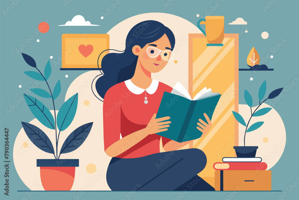 Woman sits on floor, reading book, A woman reading a book, Simple and minimalist flat Vector Illustration Woman sits on floor, reading book, A woman reading a book, Simple and minimalist flat Vector Illustration