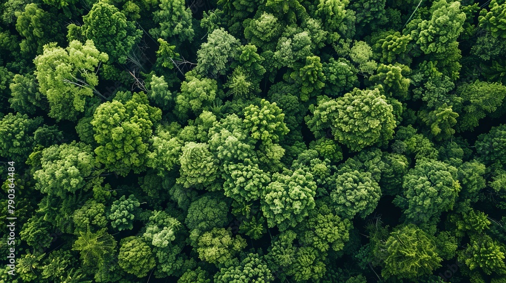 Aerial top view of green trees in forest. Drone view of dense green tree captures CO2. Green tree nature background for carbon neutrality and net zero emissions concept.