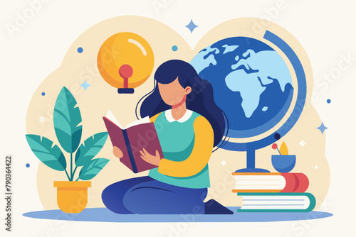 A woman sits reading a book in front of a globe, A woman reading a book and a globe, Simple and minimalist flat Vector Illustration © Iftikhar alam