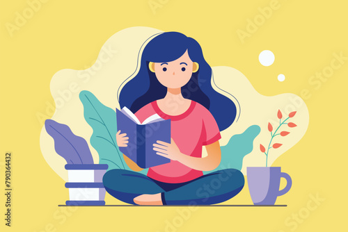 A woman seated on the floor, engrossed in a book while holding a cup, a woman reading a book and carrying a cup, Simple and minimalist flat Vector Illustration