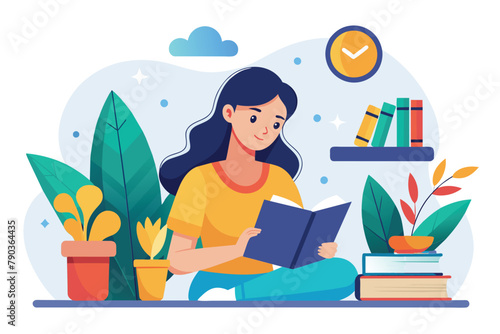 A woman sits on the floor, engrossed in a book, possibly doing assignments, a woman reading a book and doing assignments, Simple and minimalist flat Vector Illustration
