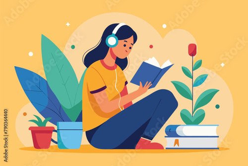 A woman seated on the floor absorbed in reading a book, a woman reading a book listening to music, Simple and minimalist flat Vector Illustration