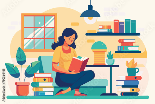 A woman is absorbed in reading a book in a room filled with stacks of books, A woman reading in a study room with stacks of books, Simple and minimalist flat Vector Illustration