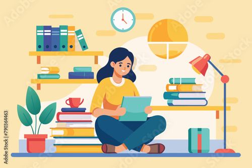 A woman sitting on the floor, engrossed in a book, surrounded by stacks of books in a study room, A woman reading in a study room with stacks of books, Simple and minimalist flat Vector Illustration